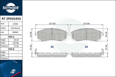 Комплект тормозных колодок, дисковый тормоз ROTINGER RT 2PD32450 для NISSAN NOTE