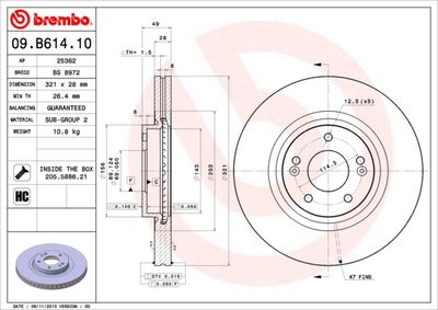 Тормозной диск BREMBO 09.B614.10 для KIA SORENTO