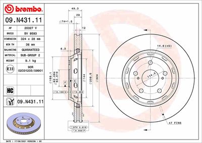 Тормозной диск BREMBO 09.N431.11 для TOYOTA VENZA