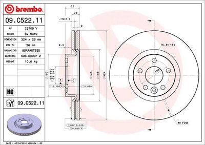 Тормозной диск BREMBO 09.C522.11 для VOLVO XC60