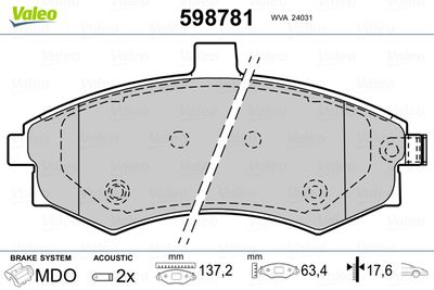 Комплект тормозных колодок, дисковый тормоз VALEO 598781 для HYUNDAI MATRIX
