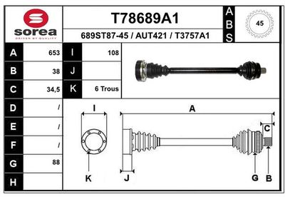 EAI T78689A1 Полуось в сборе  для AUDI A6 C5 Avant (4B5) 2.4 quattro