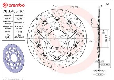 Brake disc Voor drijvend, 310/94x5mm 6x110mm, diameter bevestigingsgat 6,5mm, hoogte (tussenruimte) 0 past: HONDA CB 1000RA (Fireblade ABS)/1000RR (Fireblade)/1300A/1300F/600RR/600RR ABS 2003-2012