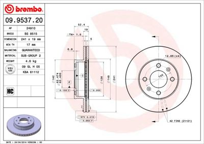 Тормозной диск BREMBO 09.9537.20 для HYUNDAI ACCENT