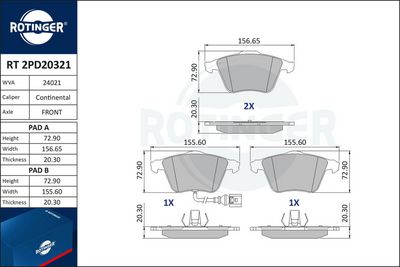 комплект спирачно феродо, дискови спирачки ROTINGER RT 2PD20321
