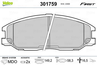Комплект тормозных колодок, дисковый тормоз VALEO 301759 для HYUNDAI HIGHWAY