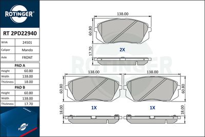 комплект спирачно феродо, дискови спирачки ROTINGER RT 2PD22940
