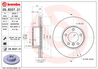 Тормозной диск BREMBO 09.B337.21 для BMW 4