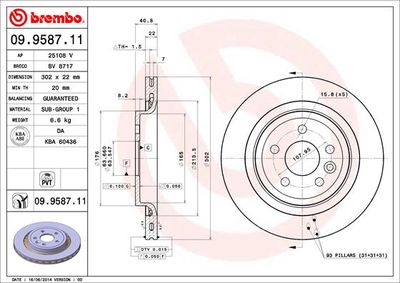 BREMBO 09.9587.11 Тормозные диски  для VOLVO V60 (Вольво В60)