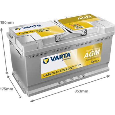Batterij VARTA 12V 95Ah (EN) PROFESSIONAL DUAL PURPOSE AGM R+ Standaard terminal 353x175x190mm, B13 - montageflens 10,5 mm agm/tweeledig doel