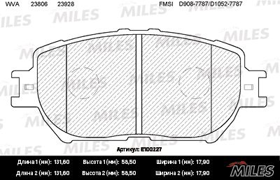 Комплект тормозных колодок, дисковый тормоз MILES E100227 для TOYOTA CAMRY