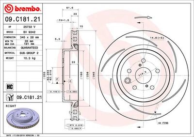 Тормозной диск BREMBO 09.C181.21 для LEXUS RC