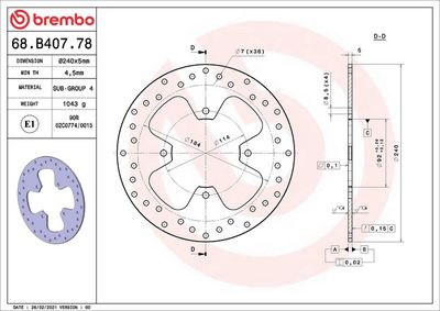 Brake disc Achter vast, 240/92x5mm 4x114mm, diameter bevestigingsgat 8,5mm, hoogte (tussenruimte) 0 past: MBK KILIBRE 125 (Skycruiser)/125 X-City/125R (X-Max)/250 X-City/250R (X-Max Sport)/250R (X-Max