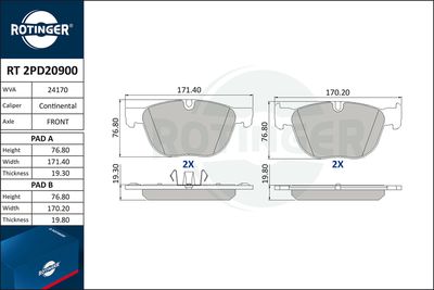 комплект спирачно феродо, дискови спирачки ROTINGER RT 2PD20900