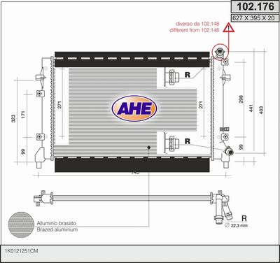 Радиатор, охлаждение двигателя AHE 102.176 для SEAT ALTEA