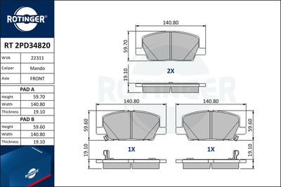 комплект спирачно феродо, дискови спирачки ROTINGER RT 2PD34820