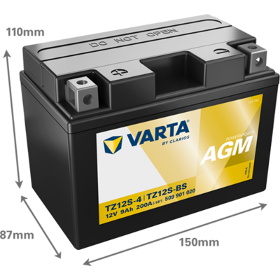 Batterij AGM/Beginnen/Droog geladen met zuur (beperkte verkoop aan consumenten) VARTA 12V 9Ah 200A L+ Onderhoudsvrij elektrolyt inbegrepen 150x87x110mm Droog geladen met zuur TTZ12S-BS