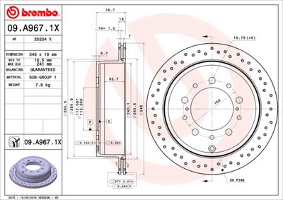 Тормозной диск BREMBO 09.A967.1X для TOYOTA (FAW) LAND