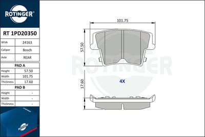 Zestaw klocków hamulcowych, hamulce tarczowe ROTINGER RT 1PD20350