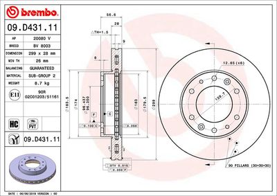 Тормозной диск BREMBO 09.D431.11 для HYUNDAI H350