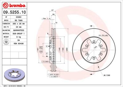Тормозной диск BREMBO 09.5255.10 для NISSAN NAVARA