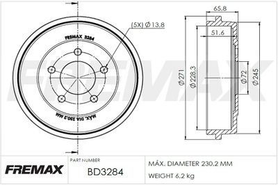Тормозной барабан FREMAX BD-3284 для MAZDA 3