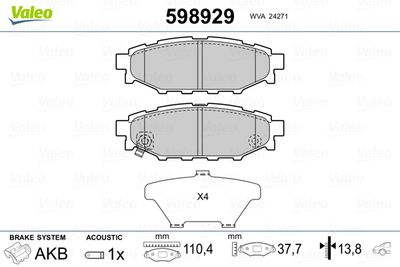 Комплект тормозных колодок, дисковый тормоз VALEO 598929 для SUBARU XV