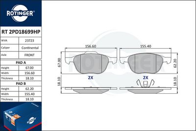 Zestaw klocków hamulcowych, hamulce tarczowe ROTINGER RT2PD18699HP