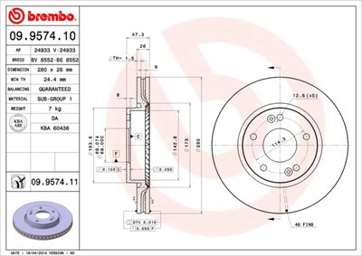 Тормозной диск BREMBO 09.9574.11 для HYUNDAI TIBURON