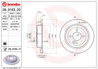Тормозной диск BREMBO 08.9163.21 для MINI MINI