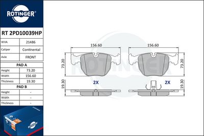 комплект спирачно феродо, дискови спирачки ROTINGER RT 2PD10039HP