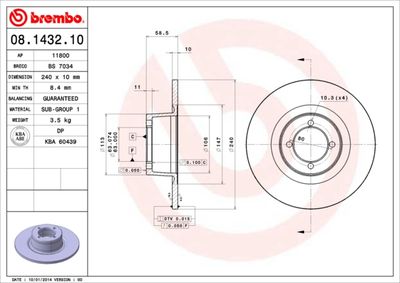 Тормозной диск BREMBO 08.1432.10 для BMW 1502-2002