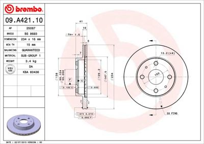 BREMBO 09.A421.10 Тормозные диски  для DAIHATSU YRV (Дайхатсу Рв)