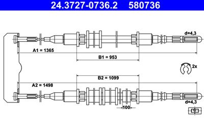 Тросик, cтояночный тормоз ATE 24.3727-0736.2 для OPEL CALIBRA