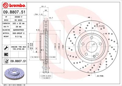 Тормозной диск BREMBO 09.B807.51 для MERCEDES-BENZ CLA