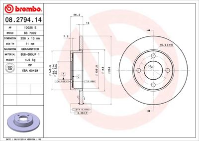 BREMBO 08.2794.14 Тормозные диски  для AUDI 100 (Ауди 100)