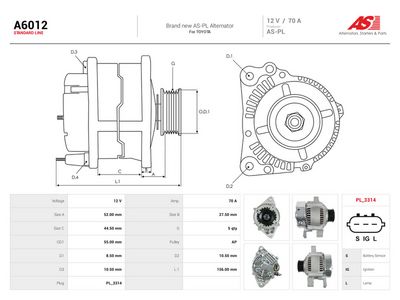 Generator AS-PL A6012 för TOYOTA