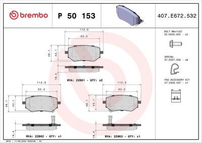 Zestaw klocków hamulcowych, hamulce tarczowe BREMBO P 50 153