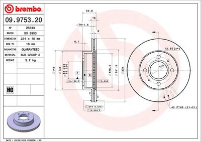 Тормозной диск BREMBO 09.9753.20 для HYUNDAI ATOS