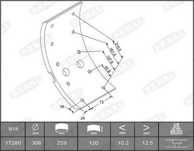 Brake shoe lining Achter/Voor (308x120. 4-oversize) past: MERCEDES LK/LN2 01.84-12.98