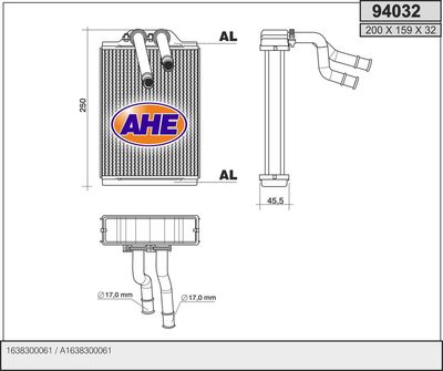 Теплообменник, отопление салона AHE 94032 для MERCEDES-BENZ M-CLASS