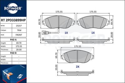 Zestaw klocków hamulcowych, hamulce tarczowe ROTINGER RT2PD33899HP