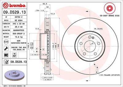 Тормозной диск BREMBO 09.D529.13 для MERCEDES-BENZ GLC