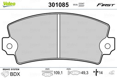 Комплект тормозных колодок, дисковый тормоз VALEO 301085 для RENAULT 17