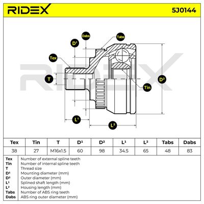 каре комплект, полуоска RIDEX 5J0144