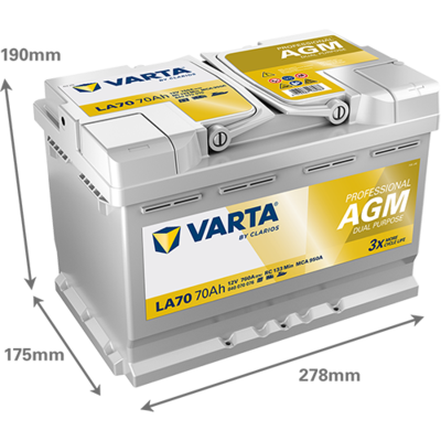 Batterij VARTA 12V 70Ah (EN) PROFESSIONAL DUAL PURPOSE AGM R+ Standaard terminal 278x175x190mm, B13 - montageflens 10,5 mm
