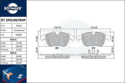комплект спирачно феродо, дискови спирачки ROTINGER RT 2PD19679HP