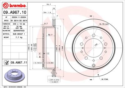 Тормозной диск BREMBO 09.A967.10 для TOYOTA (FAW) LAND