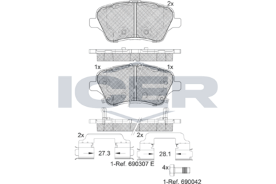 комплект спирачно феродо, дискови спирачки ICER 182108-203
