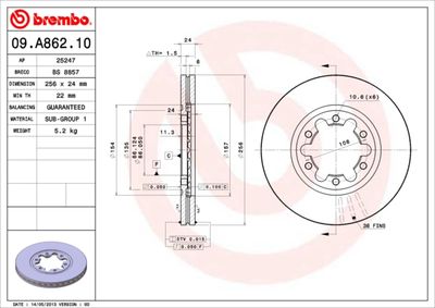 Тормозной диск BREMBO 09.A862.10 для MAZDA BT-50